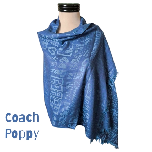 Rare Blue Coach Poppy Graffiti Scarf Wrap - Picture 1 of 9